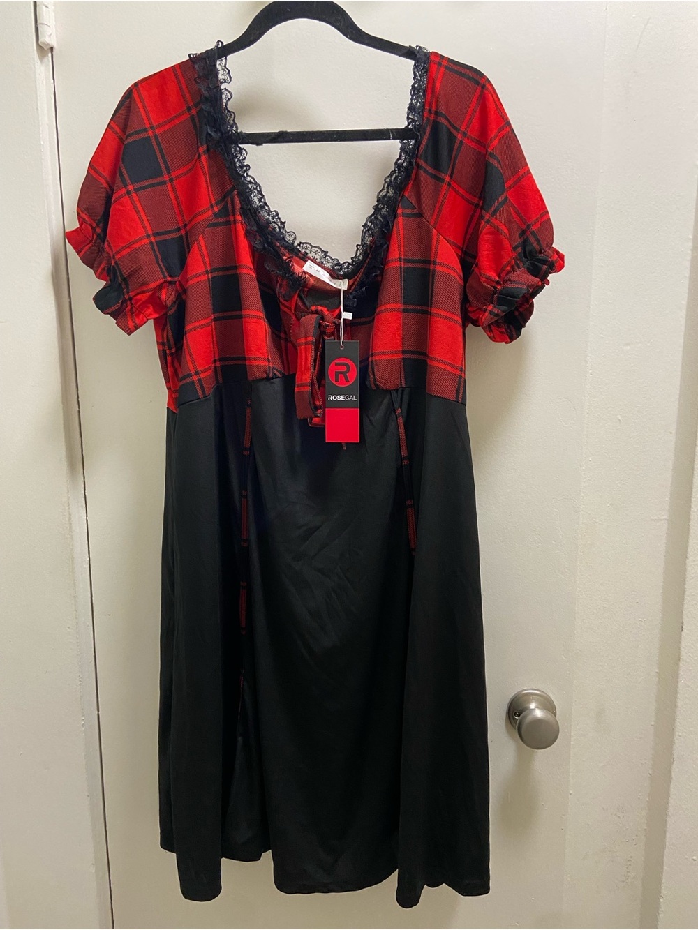 Rosegal Red Plaid and Black Lace-Trim Midi Dress